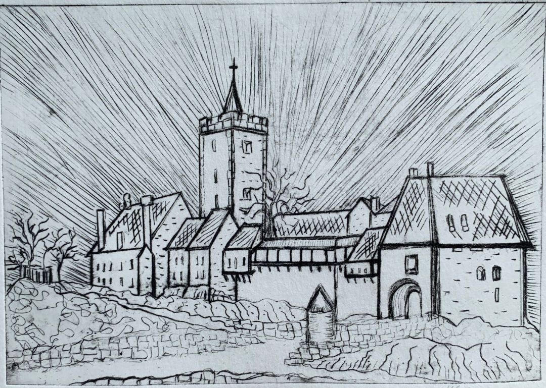 Die Wartburg (Kaltnadelradierung von Karin K&ouml;nig)